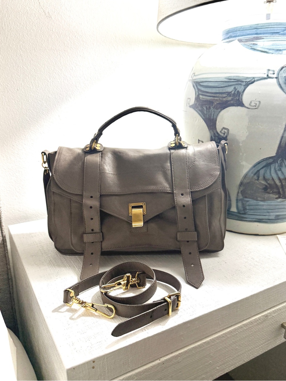 Proenza Schouler Medium PS1 Leather Satchel Bag Taupe Gray Gold Hardware & Strap